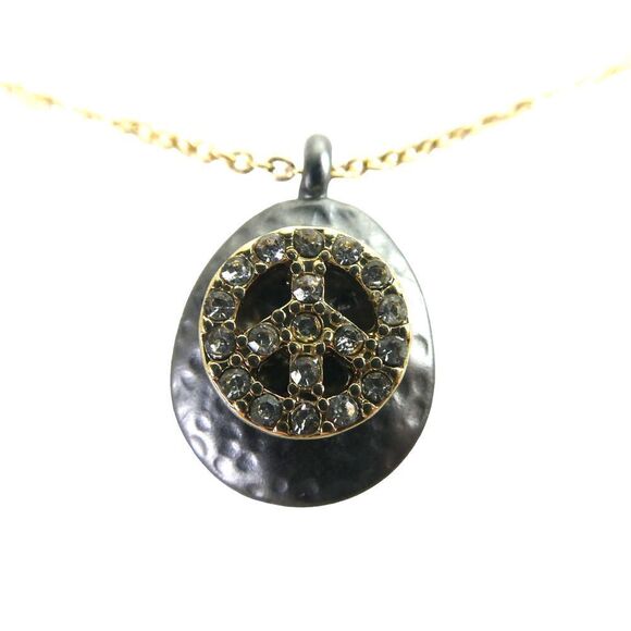 Marlyn Schiff Two Tone Gold Grey Hammered Peace Sign Pendant Chain Necklace - Picture 8 of 8